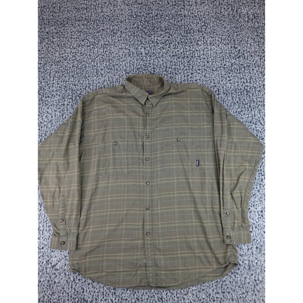 Patagonia Button Down Shirt Mens XL Olive Green Plaid Organic Cotton Long Sleeve